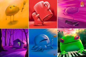 Grid of six Jim Elston paintings running from yellow to green, used for Huevember 2026 color prompts
