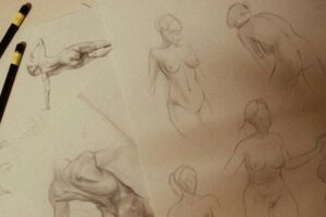 Pencil gesture sketches of standing, twisting and handstand figure poses on paper, Posevember 2026