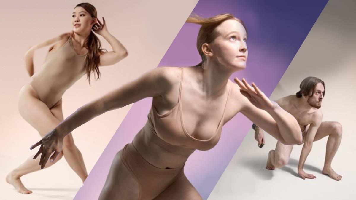 Three action pose references: a dancer turning with one hand behind her head, a woman lunging forward and a man in a low crouch