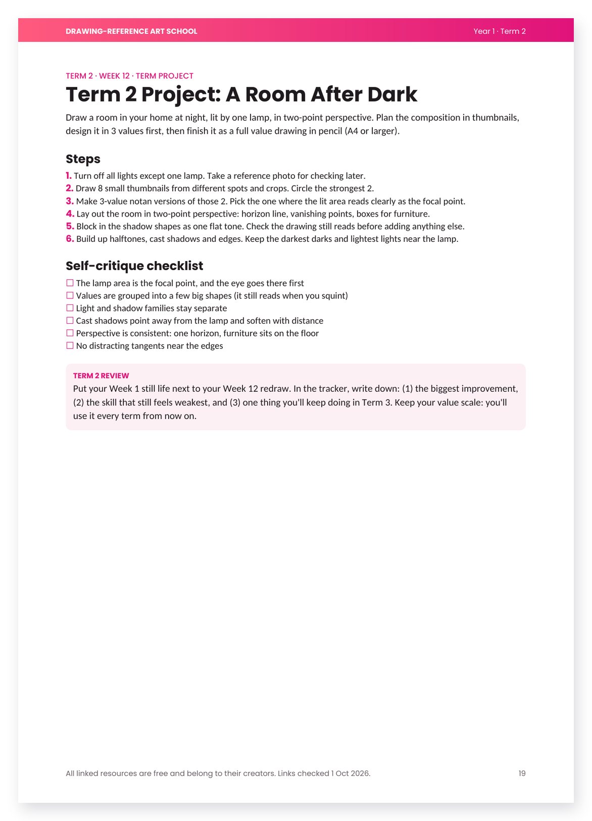 Term project page with steps and a self-critique checklist