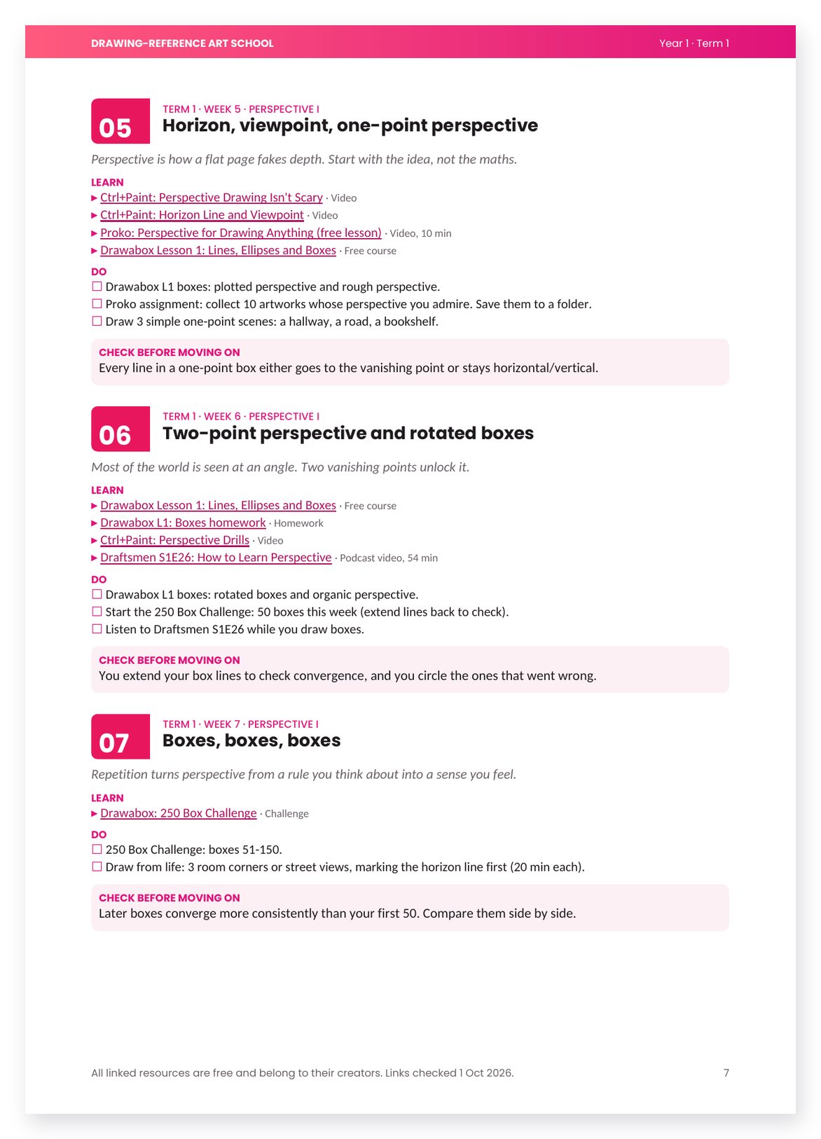Two weekly lesson pages with Learn, Do and Check sections