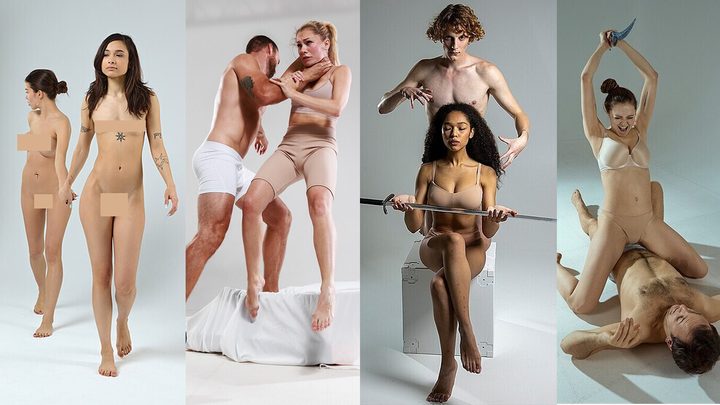 Couple pose references: four studio photos of two people posing together
