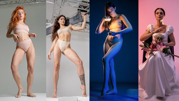Female pose references: four studio photos of women in standing, seated and portrait poses