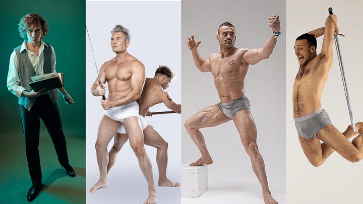 Male pose references: four studio photos of men in action, standing and leaping poses