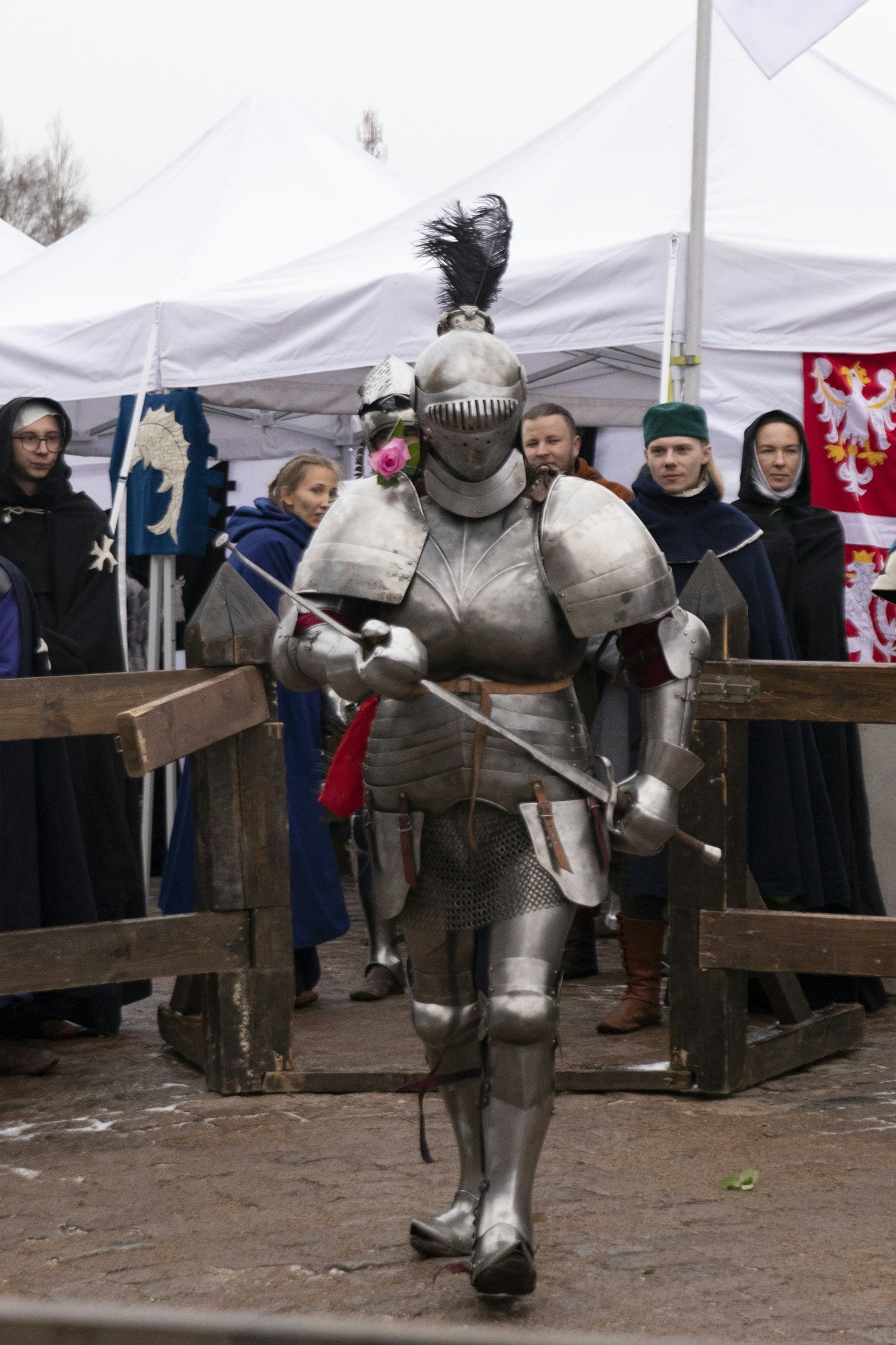 Man in full plate armor standing upright with a sword held low at his side